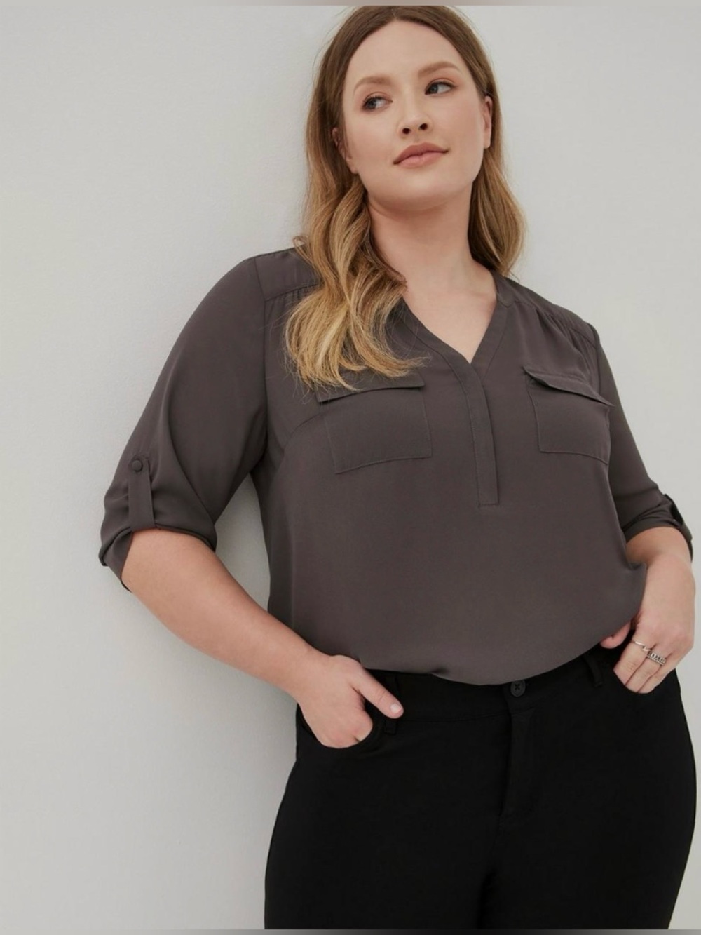 Torrid 4X Harper Georgette Pullover 3/4 Sleeve Charcoal Gray V-Neck Tunic Blouse